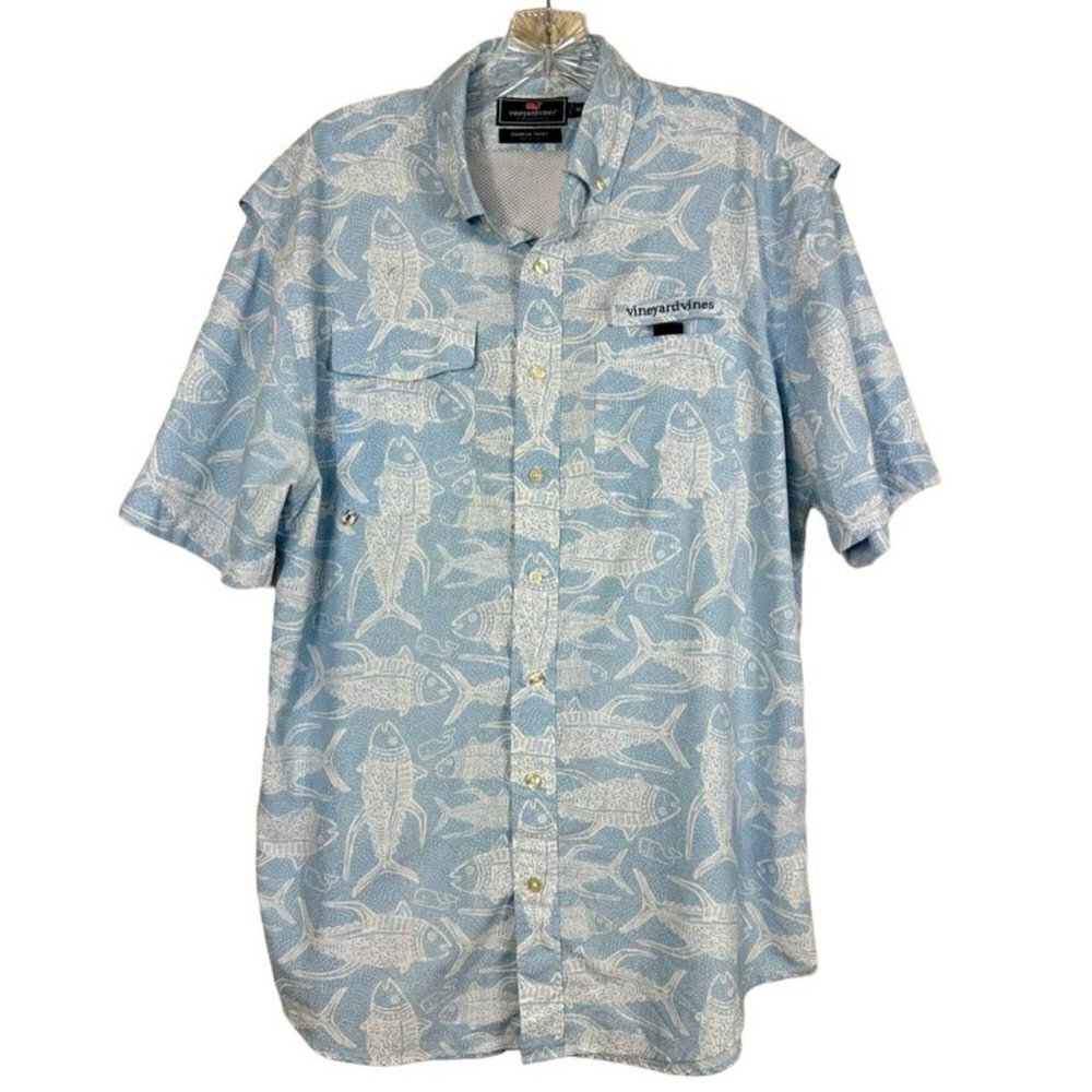 Vineyard Vines Men's Fishing‎ Shirt Blue Fish Print Vented Performance Size M